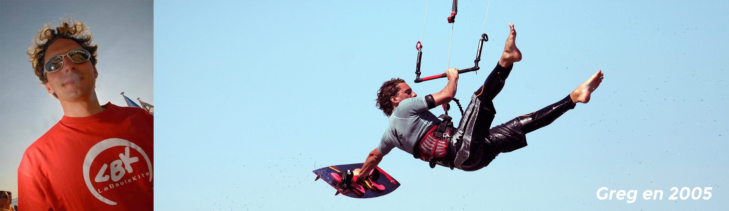 Greg Nicholls, fondateur de GlissEvolution, en session kitesurf en 2004