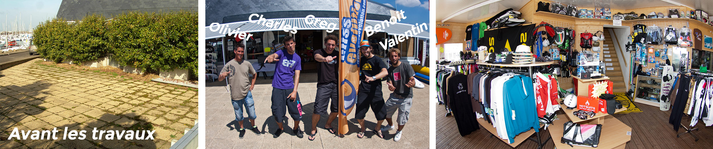 Magasin GlissEvolution sur le port de Pornichet en 2009, marques Slingshot, Airush, Starkite et Liquid Force